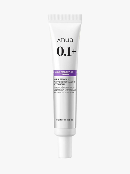 Anua Retinol 0.1 Caffeine Revitalizing Eye Cream in branded tube component on a light gray background